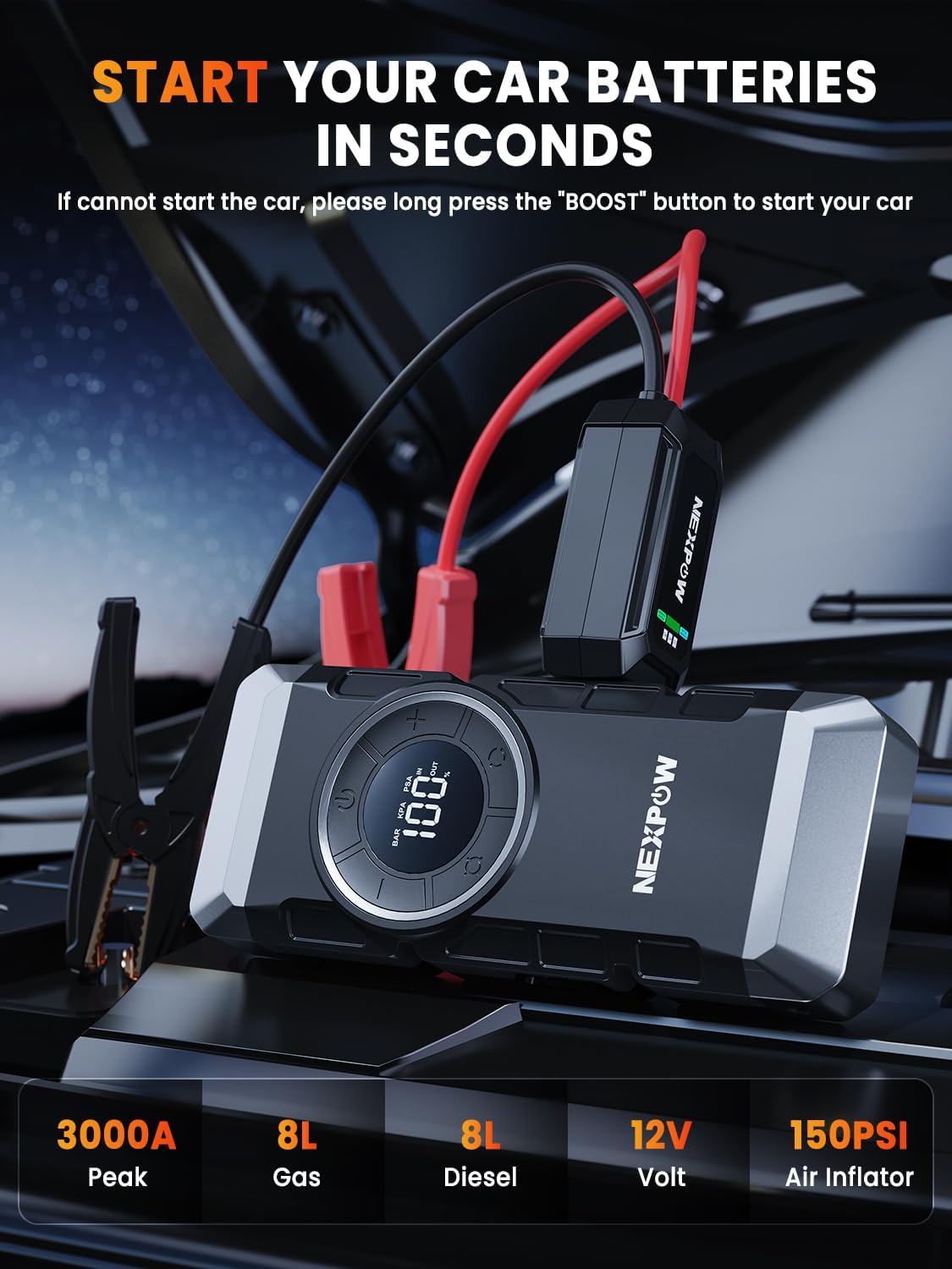 NEXPOW Car Battery Jump Starter with Air Compressor 3000A Peak,12V 150PSI Portable Jumpstart Box for Up to 8L Gas and 8L Diesel Engines, PD18W Quick Charging, Force Start Button
