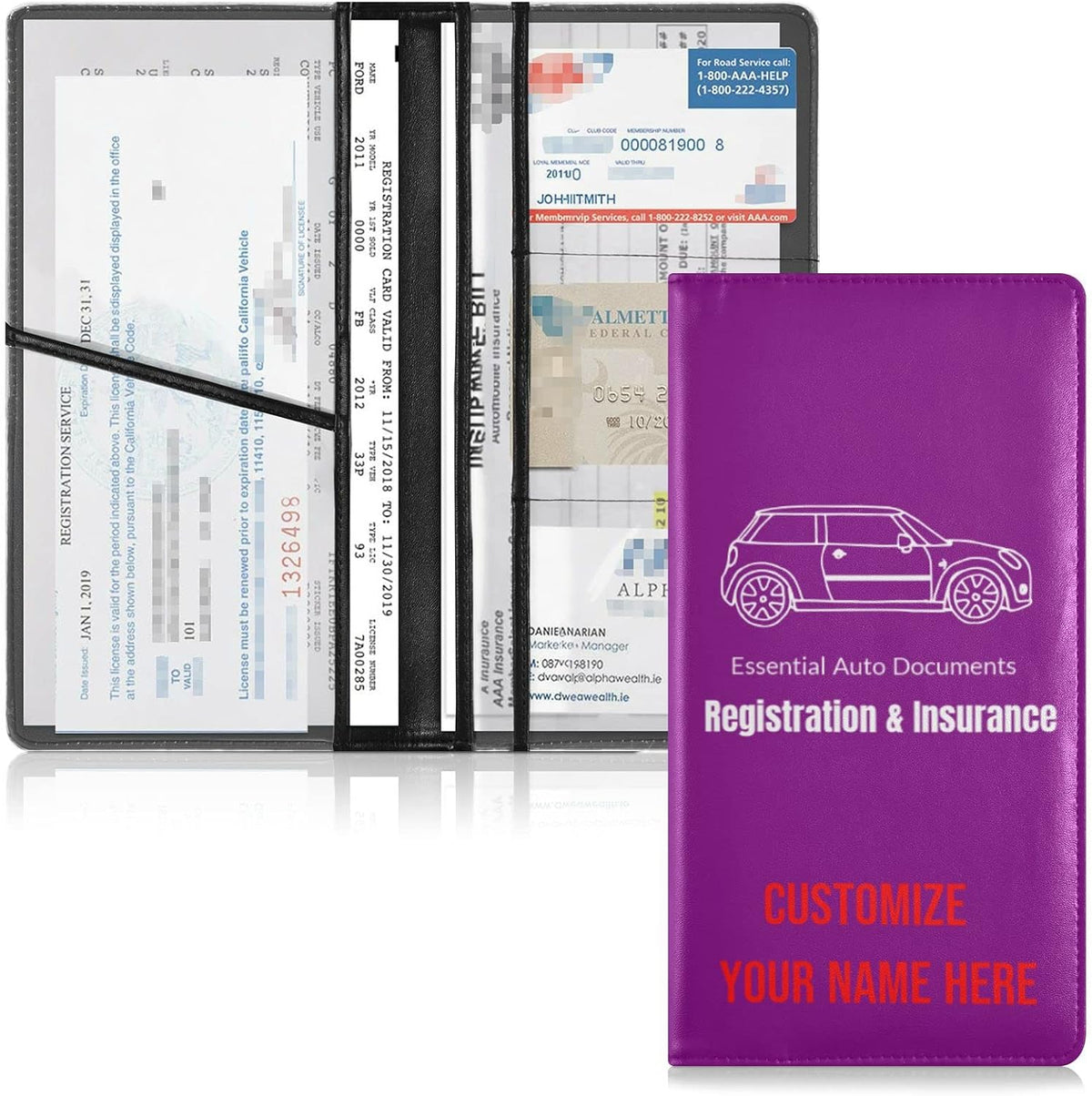 Custom Car Registration and Insurance Card Holder Personalized Leather Glove Box Organize Men Women Wallet Accessories Case for Cards, Essential Document Driver License Purple