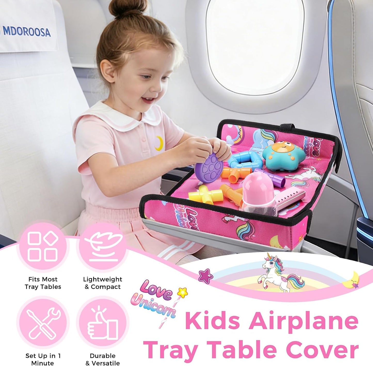 COOLBEBE Airplane Tray Table Cover, Foldable Travel Tray Cover for Toddlers 1-3, Universal Fit for Airplane, Car Seat, High Chair, Machine Washable, Portable, Pink Unicorn