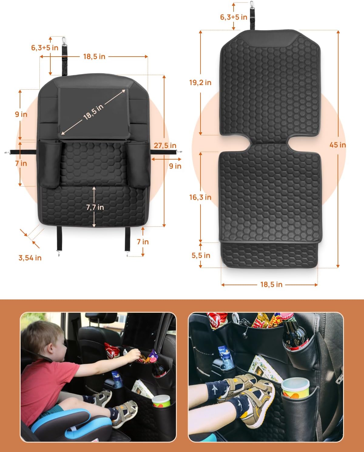 Owleys Back Seat Organizer for Kids with Seat Protector, Black Set