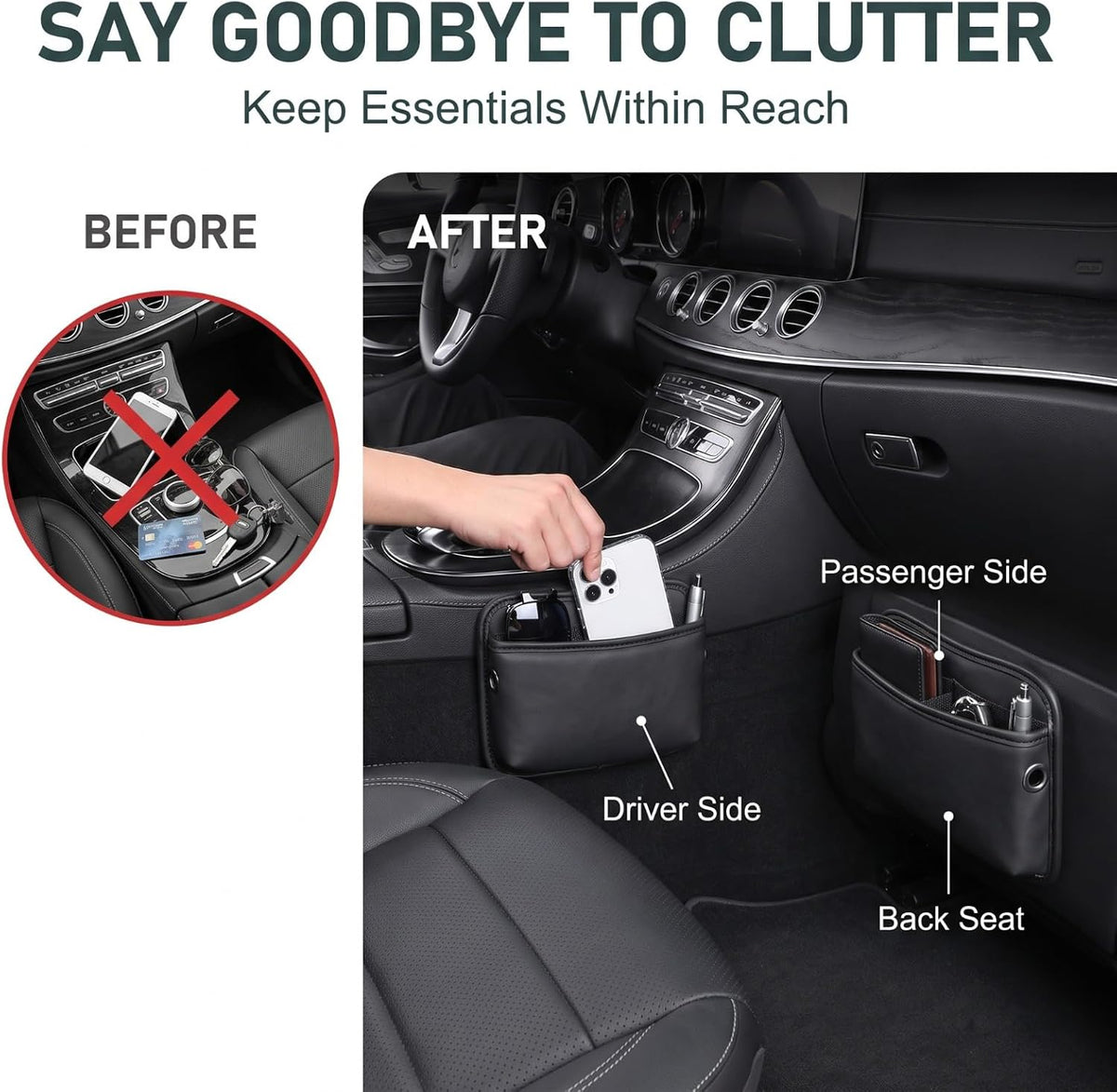 2 PCS Car Seat Side Pocket Organizers, Multifunctional Leather Pouch Bag, Console Side Organizer Bag, Universal Storage Bag for Most Auto (Black)