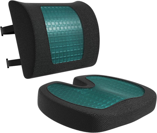 Amazon Basics Comfortable Seat Cushion &amp; Lumbar Support for Office Chairs, Gel Enhanced Memory Foam, Non-Slip, Cooling, Portable, Pack of 2, Rectangular, Black