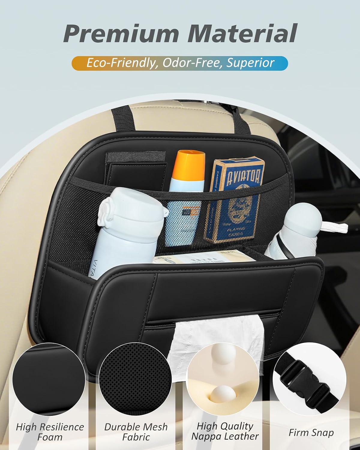 FLORICH 5-in-1 Car Backseat Organizer, Premium Leather Headrest Seat Back Storage Pocket with Cup Holder, Foldable Hanging Car Tissue Holder 1 Pack