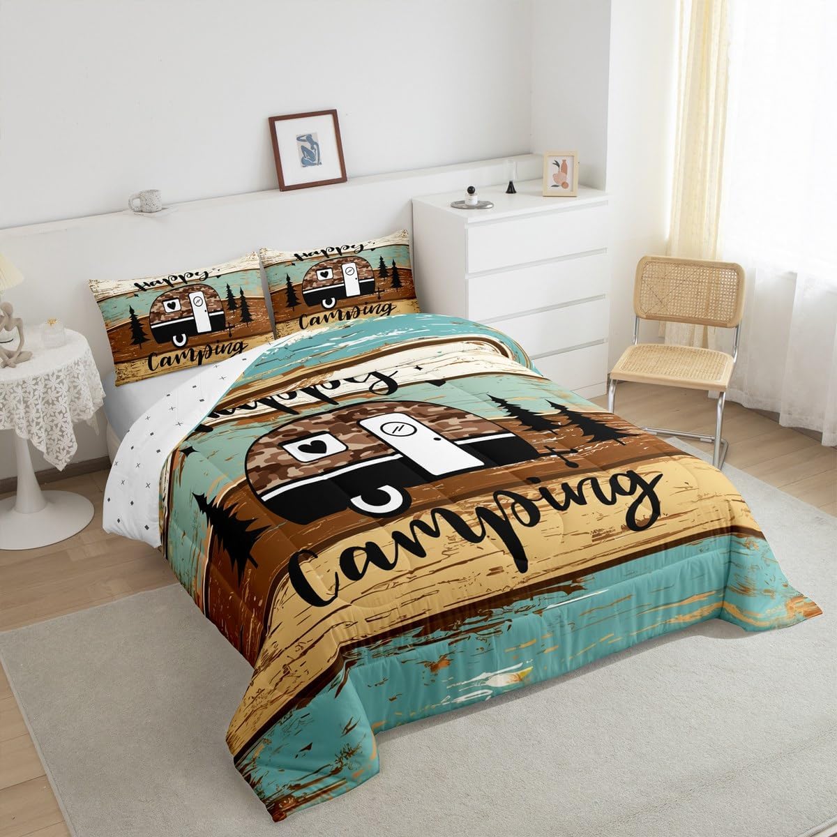 Manfei Rustic Adventure Camper Kids Comforter Set Twin Size,Happy Camping Farmhouse Cabin Lake House Bedding Set,Wooden Plank Pine Nature Quilt Comforter,Brown Retro Duvet Insert,1 Pillowcase