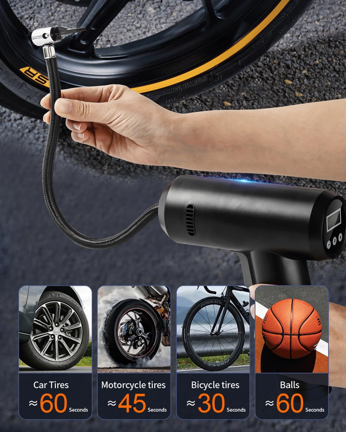 Tire Inflator Portable Air Compressor, 12V DC Auto Air Pump for Car Tires, 150 PSI with Smart Digital Pressure Gauge and Emergency LED Light for Motorcycles, Bicycle, Balloons