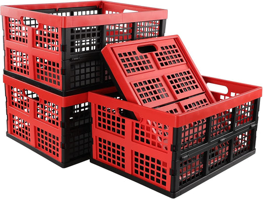 Ramddy 34 Quart Collapsible Storage Crate, Plastic Stackable Crate, 4 Pack | Folding Basket Container Bins