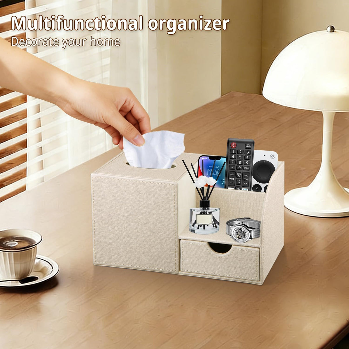 Nightstand Organizer with Tissue Holder,PU Leather Square Tissue Box Cover