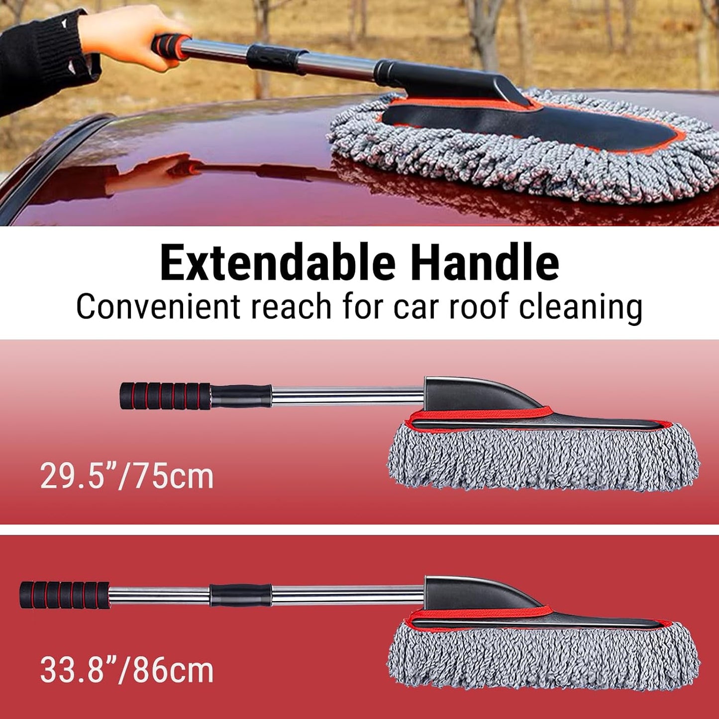 YeewayVeh Car Duster Exterior Scratch Free Microfiber Car Cleaning Brush, Extendable Handle Pollen and Dust Brush for Truck, SUV, Vehicles and Home Cleaning, Gray and Red