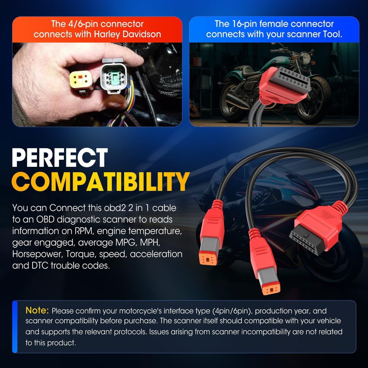 Autel Original Harley Davidson OBD2 Adapter, 4+6pin for Motorcycle Scanner