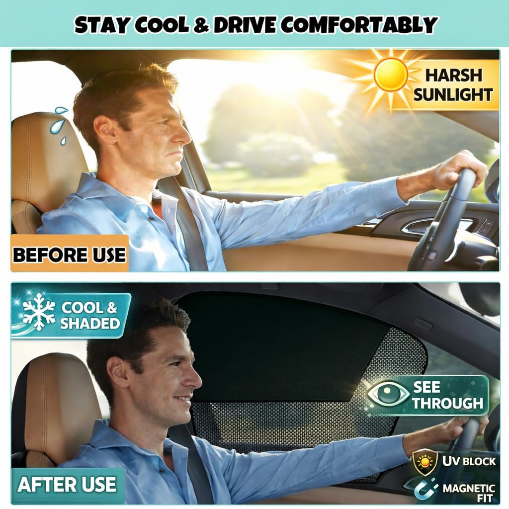 Car Window Shades, 2 Pack Magnetic Half Blackout & Half See-Through Car Sun Shade Side Window, Front Window Cover Block Heat UV Rays Glare for Driver Passenger