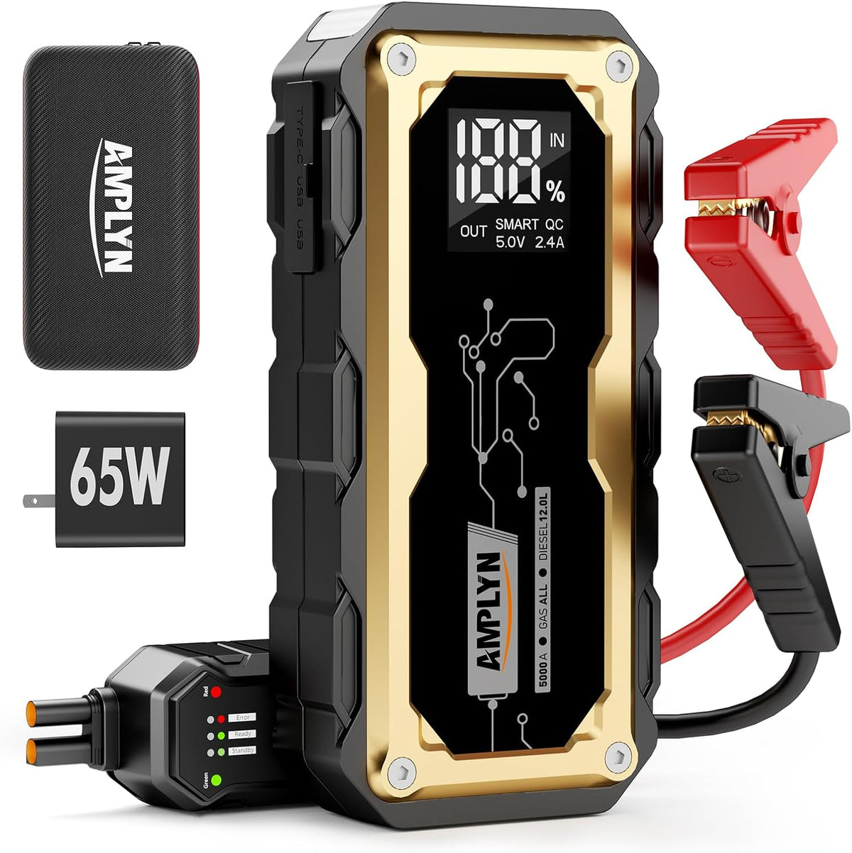 Car Jump Starter with 65W Quick Charger 24000mAh Battery Pack
