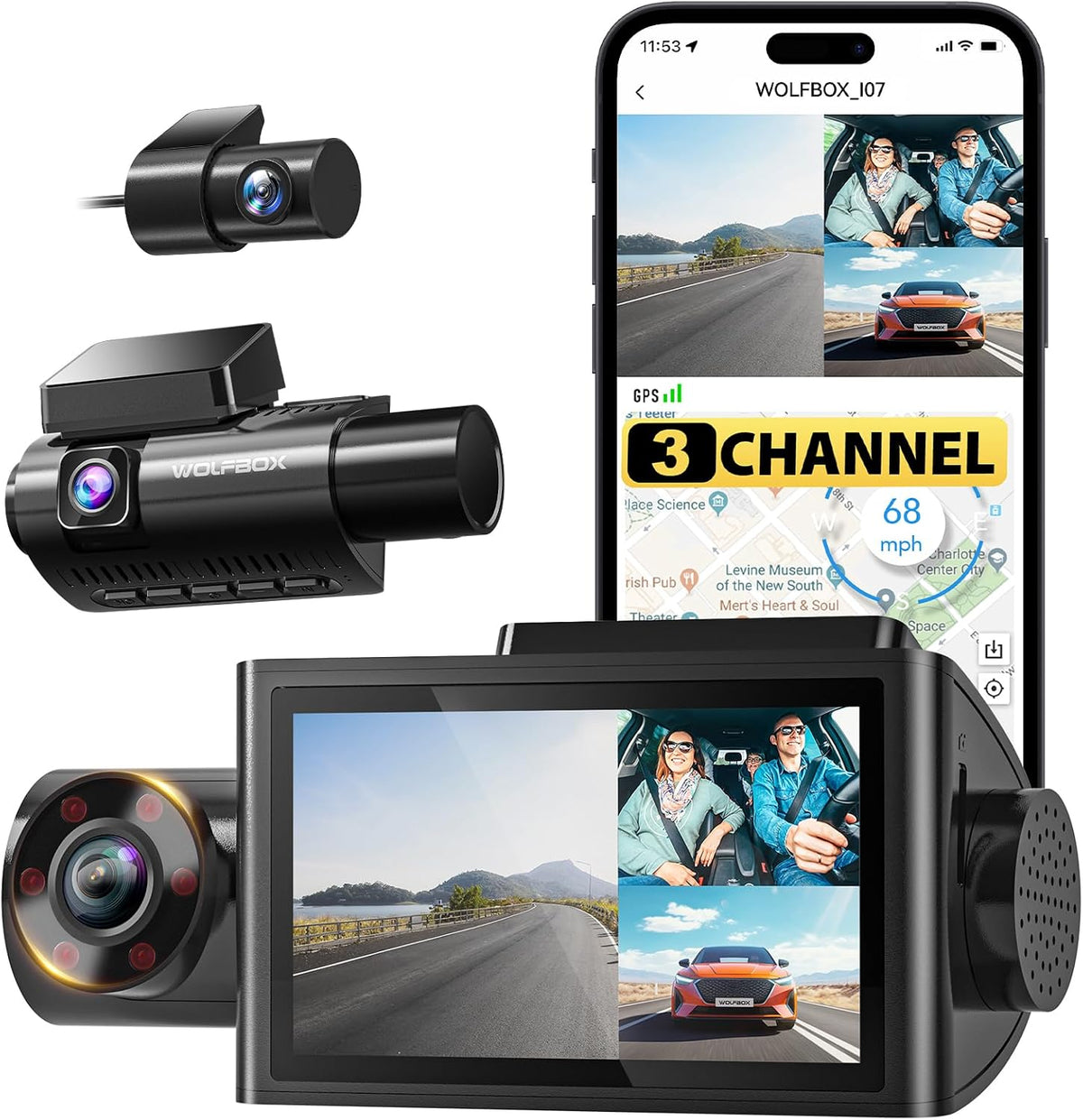 WOLFBOX i07 3 Channel Dash Cam Built-in WiFi GPS,1440P+1080P+1080P Dashcam