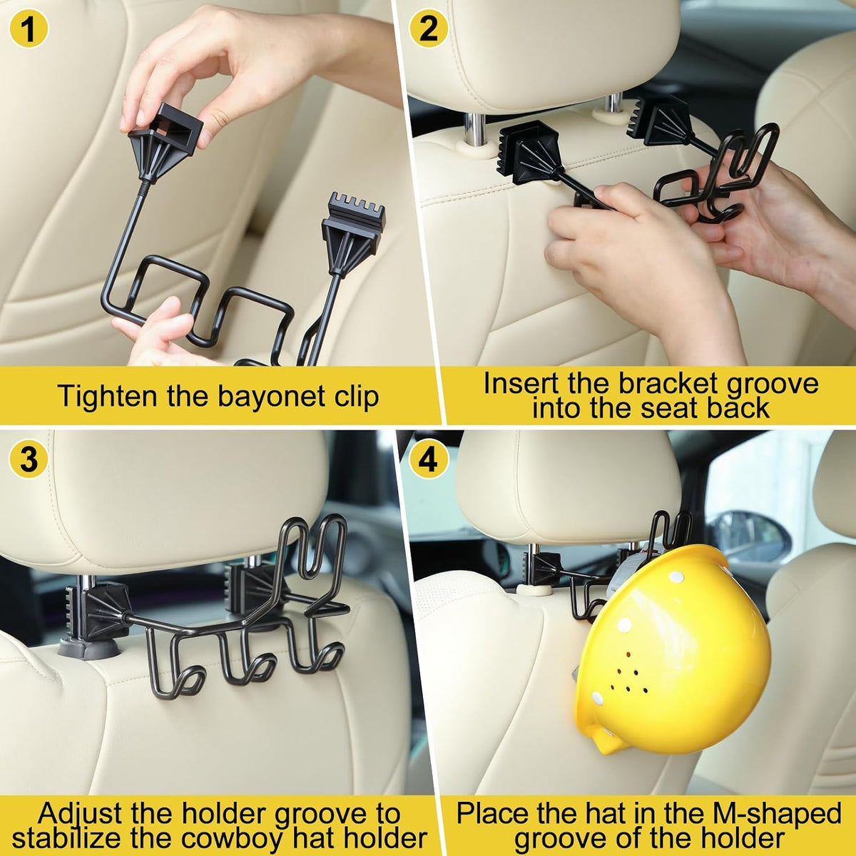 Hard Hat Holder for Truck Car Helmet Organizer, Triple Hooks, Black, 2 Pcs