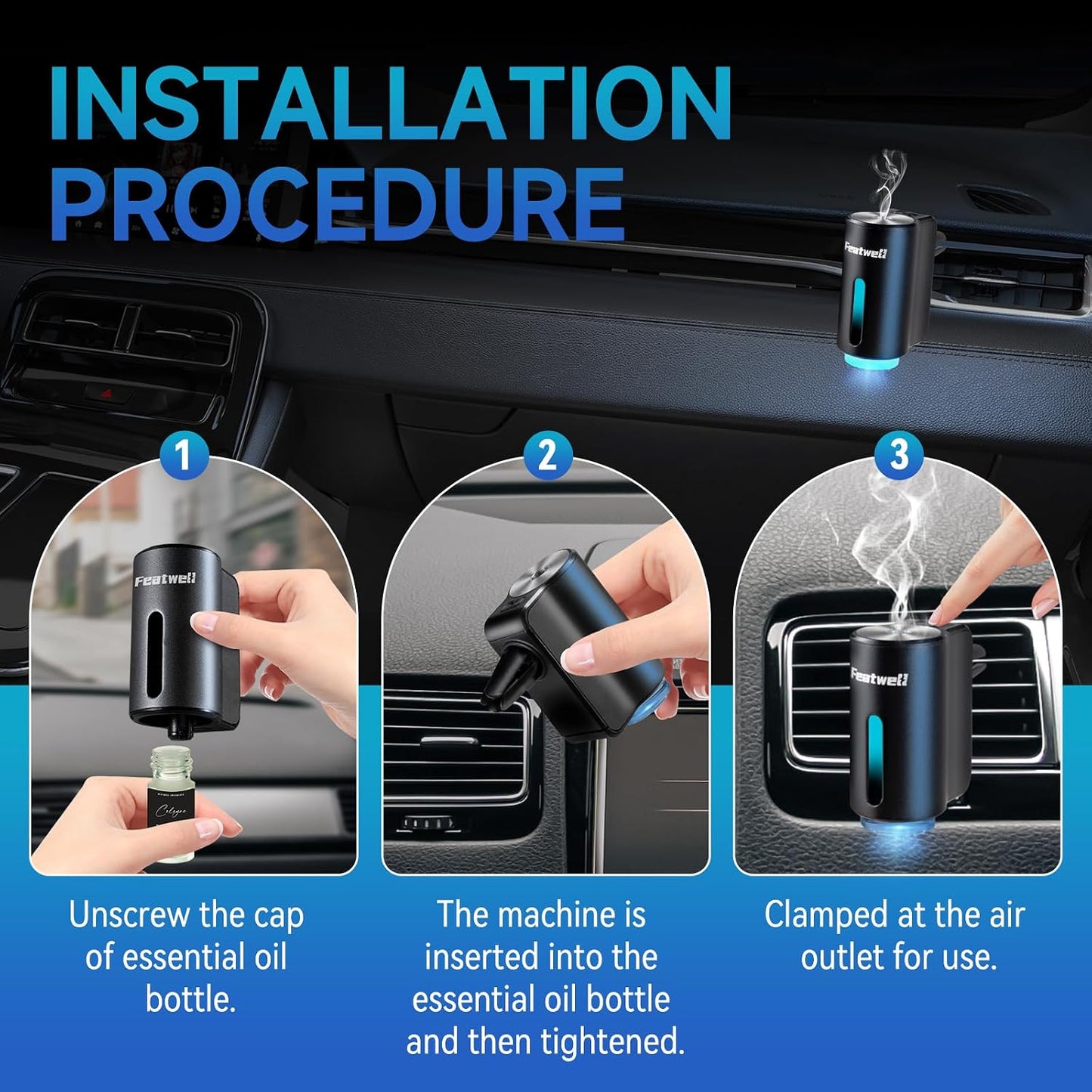 Featwell Car Air Freshener, Air Freshener Diffuser Three Adjustable Modes, Aromatherapy Machine Rechargeable (Black)