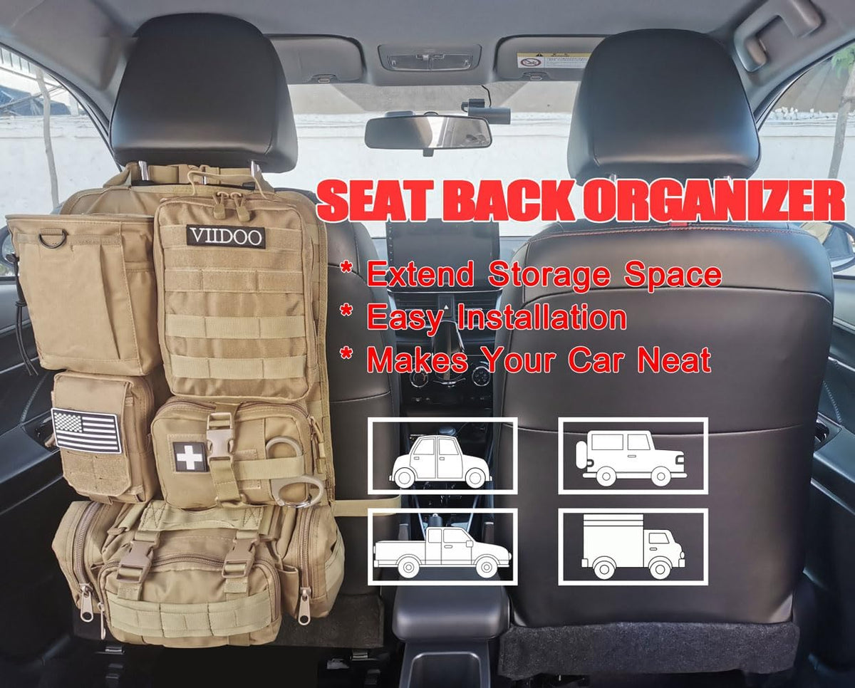 Car Truck Seat Back Organizer Tactical Molle, Upgrade Tactical Vehicle Panel Organizer with 5 Detachable Molle Pouch, Universal Fits for Most of Vehicle (Tan)