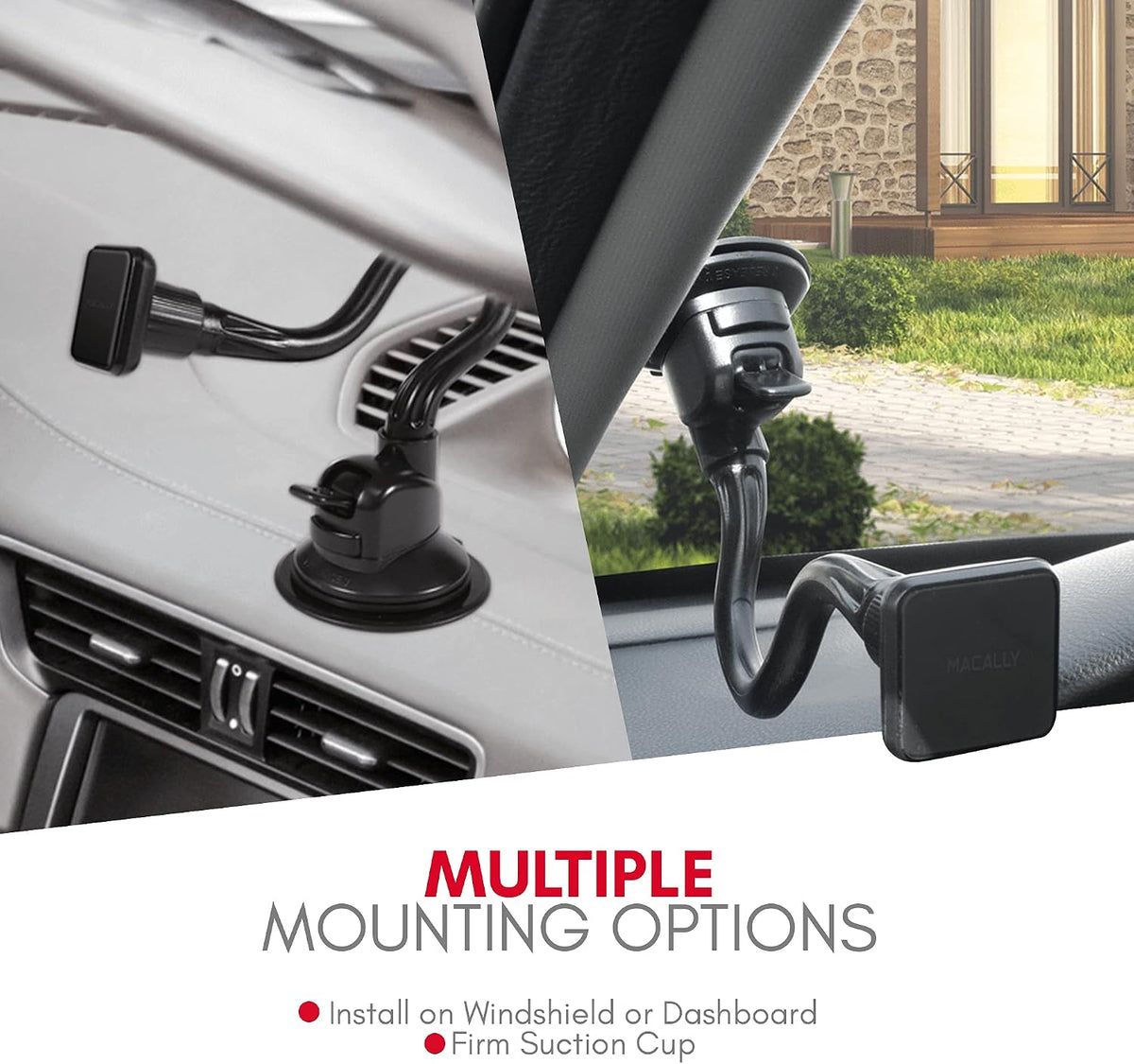 Macally Windshield Phone Mount for Car Magnetic - Suction Cup Window Mount Phone Holder with 8" Long Gooseneck Arm & Super Strong Magnet Mount for Smartphone and iPhone