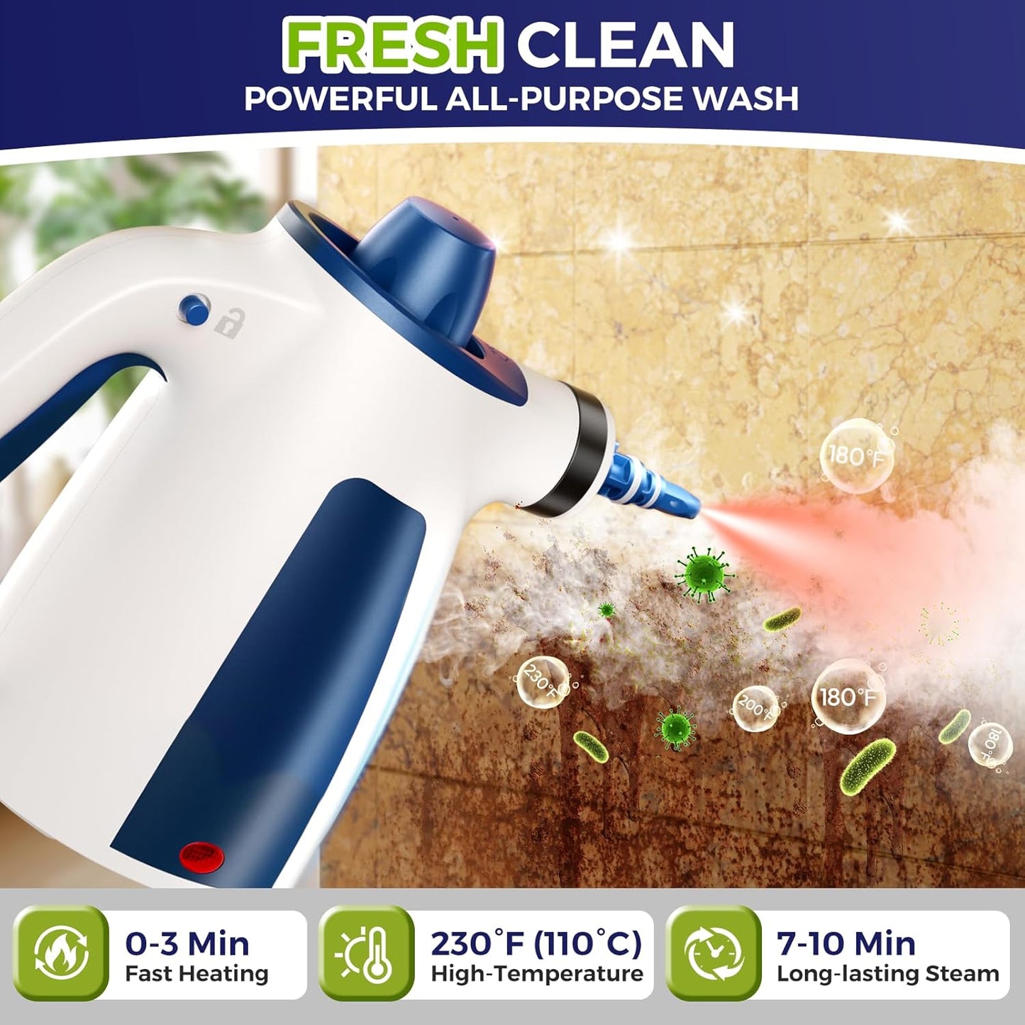 Handheld Steam Cleaner, 230°F Pressurized Steamer with No Water Spitting & Continuous Steam, 350ML Chemical-Free Deep Cleaning for Grease & Grime, 14 Accessories for Grout, Bathroom, Kitchen & Car