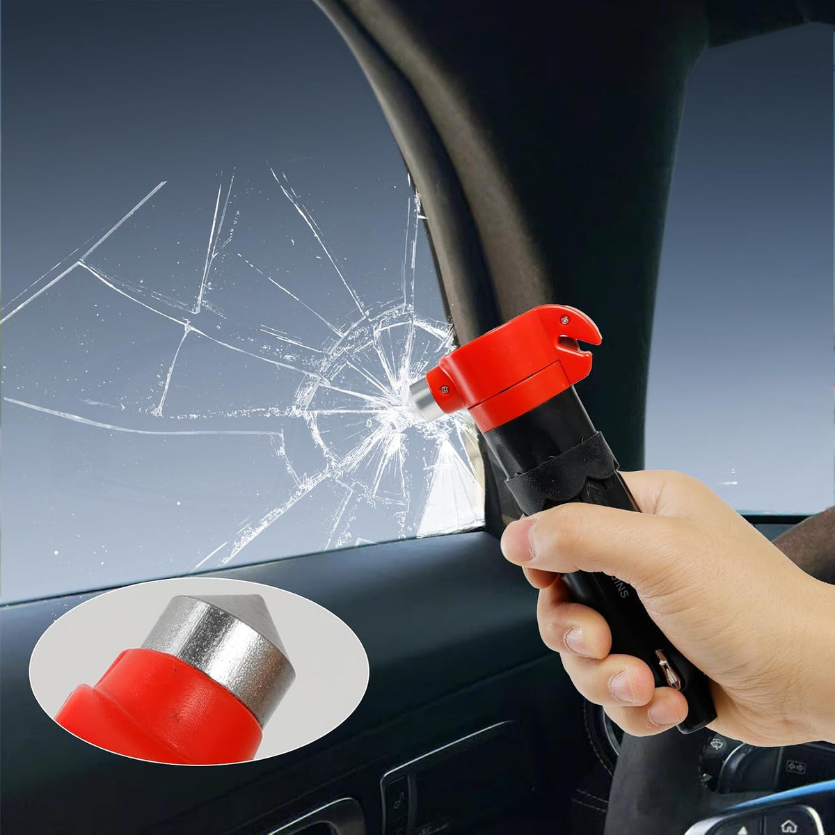 6-in-1 car Safety Hammer Escape Tool, Includes seat Belt Cutter, Window Breaker, 5 Types of Screwdrivers, Retractable Magnetic bar and Emergency Light Function (Dry Batteries not Included)