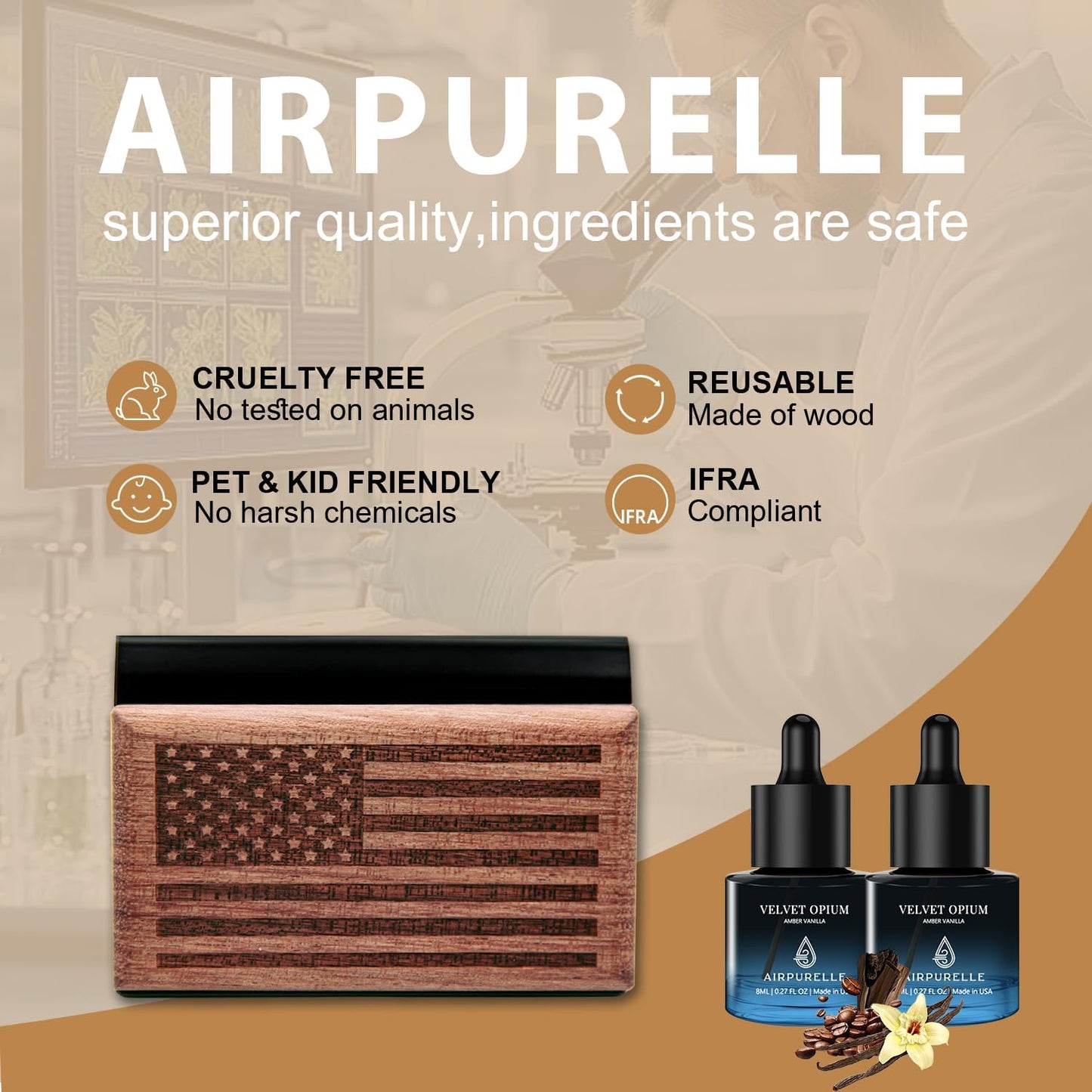 AirPurelle Car Air Freshener with Metal Clip Wood Air Freshener, 90 Days Long Lasting Amber Vanilla Scent, Includes 2x 8ML Refills, 0.54 FL OZ, Made in USA, Car Auto Accessories