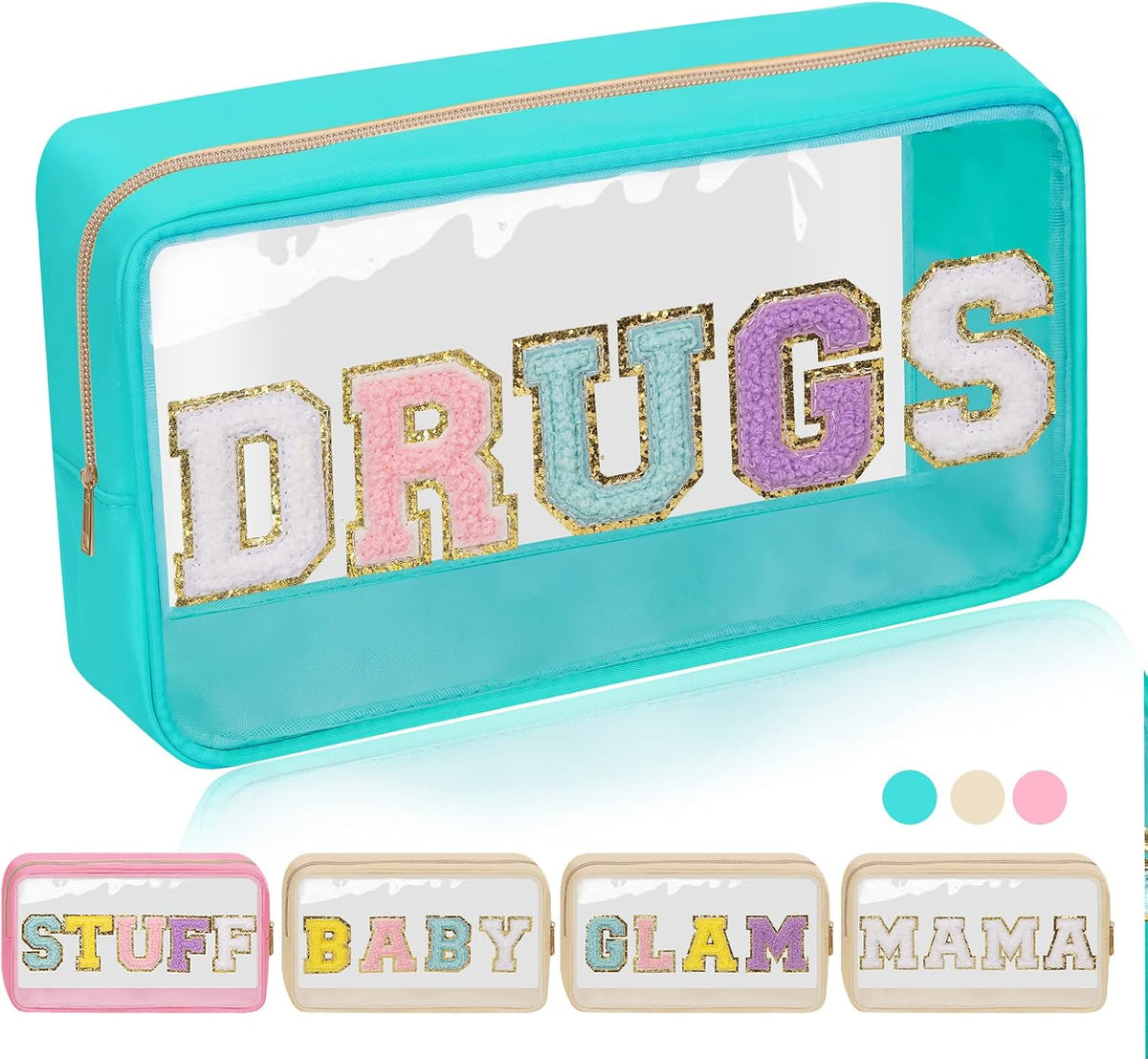 Iqimott Clear Patch Makeup Bag Stuff Pouch, Preppy Personalized Chenille Letter Cosmetic Pouch for Travel, Nylon Waterproof Monogram Pouches Zipper Toiletry Bags for Women Girls(STUFF, Pink)