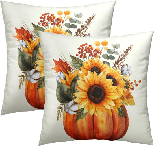 Fall Sunflower Pumpkin Pillow Cover Set of 2-18x18 Inch Autumn Flower Floral Harvest Seasonal Decorative Sofa Couch Cushion Case for Porch Patio Outdoor Indoor Home Decor, lhlhy9YBPV2F88240426
