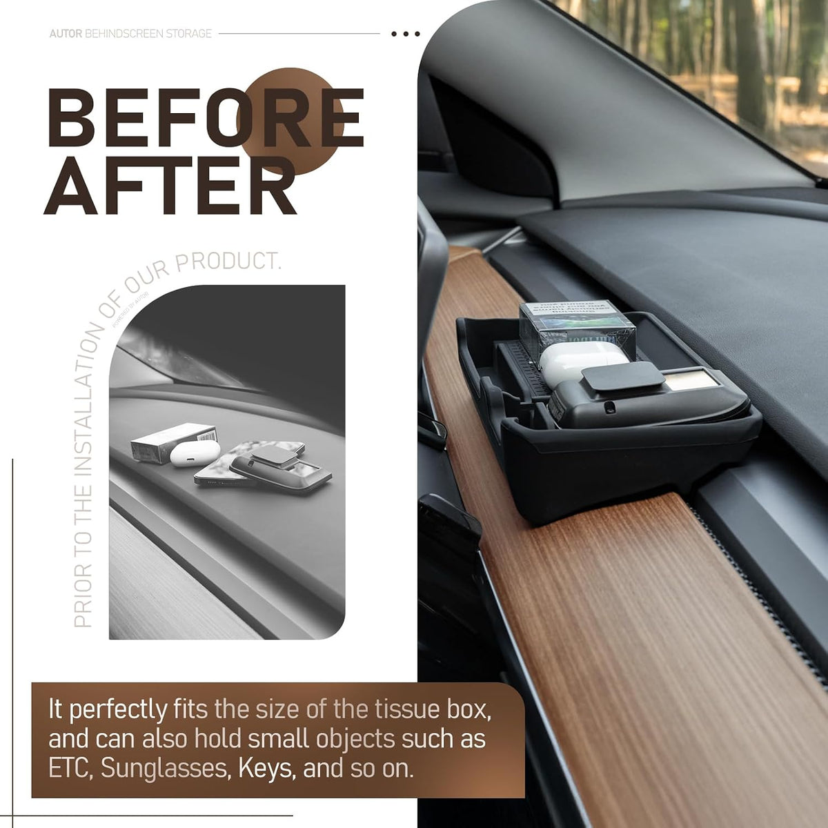 AUTOR Behind Screen Storage Box Center Console Organizer for Tesla Model 3/Y Tissue Box Sunglasses & Phone Holder Fits for 2016-2023 Model 3 and 2019-2024 Model Y