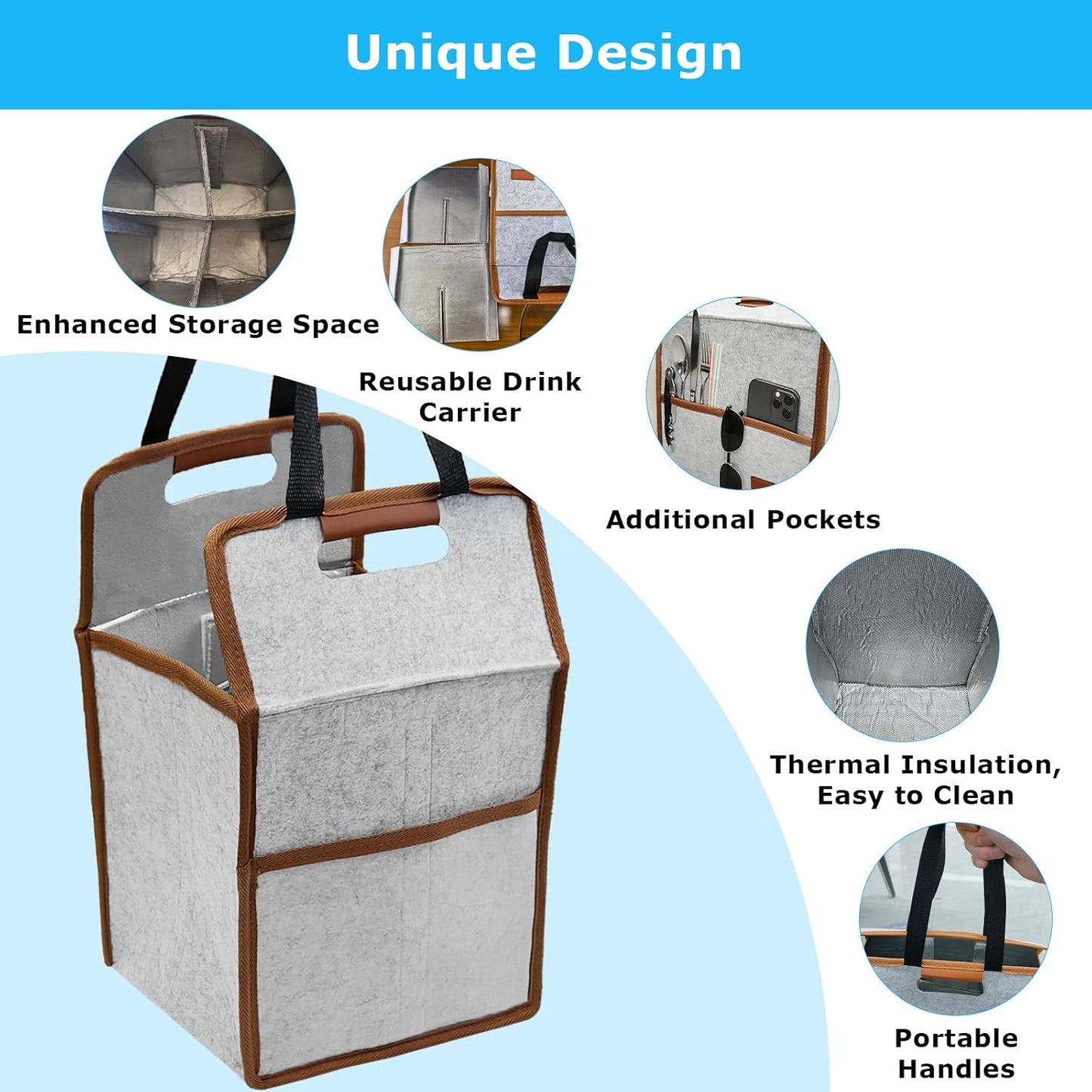 4 Cup Drink Carrier with Handle, Reusable Insulated Cooler Drink Bags for Car Cup Holder,Coffee Carrier Bag with Fixed Dividers, Portable for Car, Travel, Picnic Party, Food Delivery