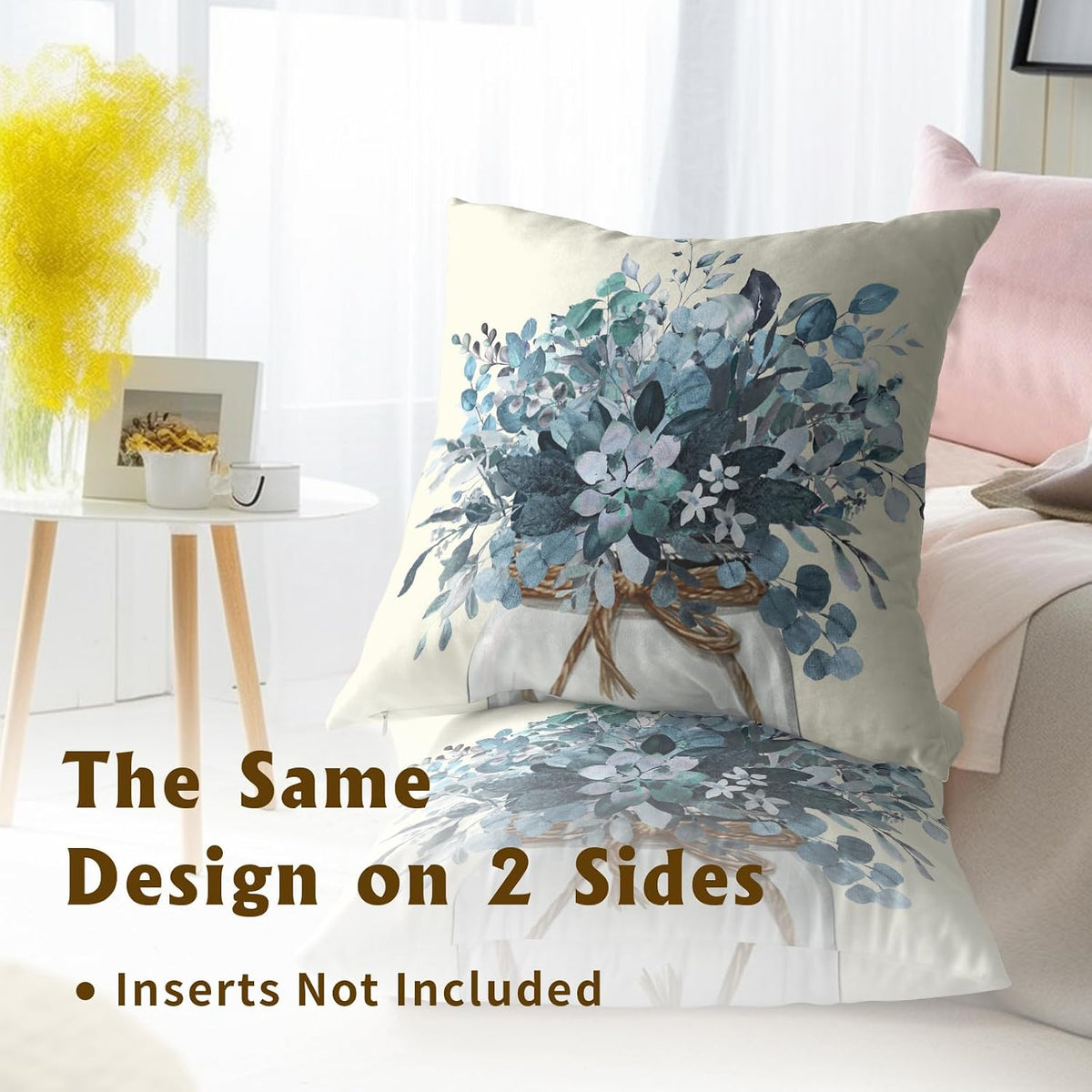 Eucalyptus Throw Pillow Covers 18x18 Set of 2, Rustic Winter Blue Leaves Greenery Vase Farmhouse Decorative Pillow Cases Cotton Cushion Cover for Home Sofa Couch Decor