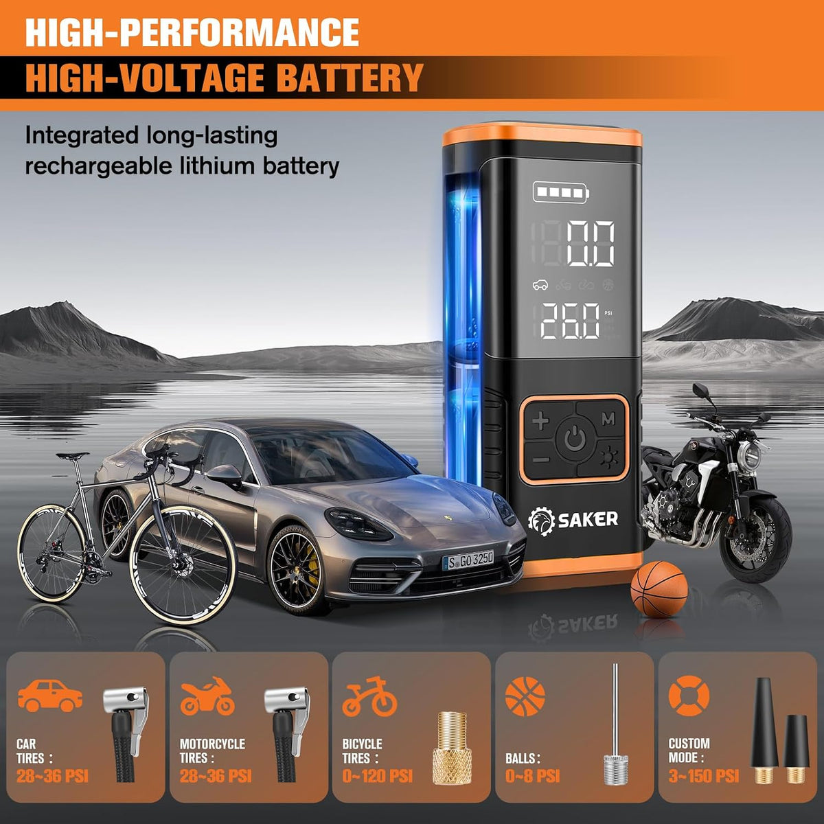 Saker Tire Inflator Portable Air Compressor - 150PSI Car Tires Air Pump with Tire Pressure Gauge Led Light, 7500mAh Battery & 12V DC Smart Tire Inflator for Car, Motorcycle, Bike Tire, Ball