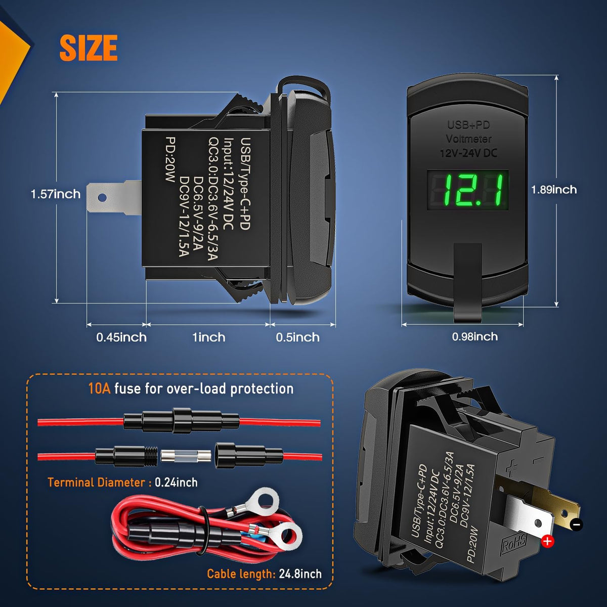 Nilight Rocker Switch Style PD Type C and USB Outlet LED Voltmeter