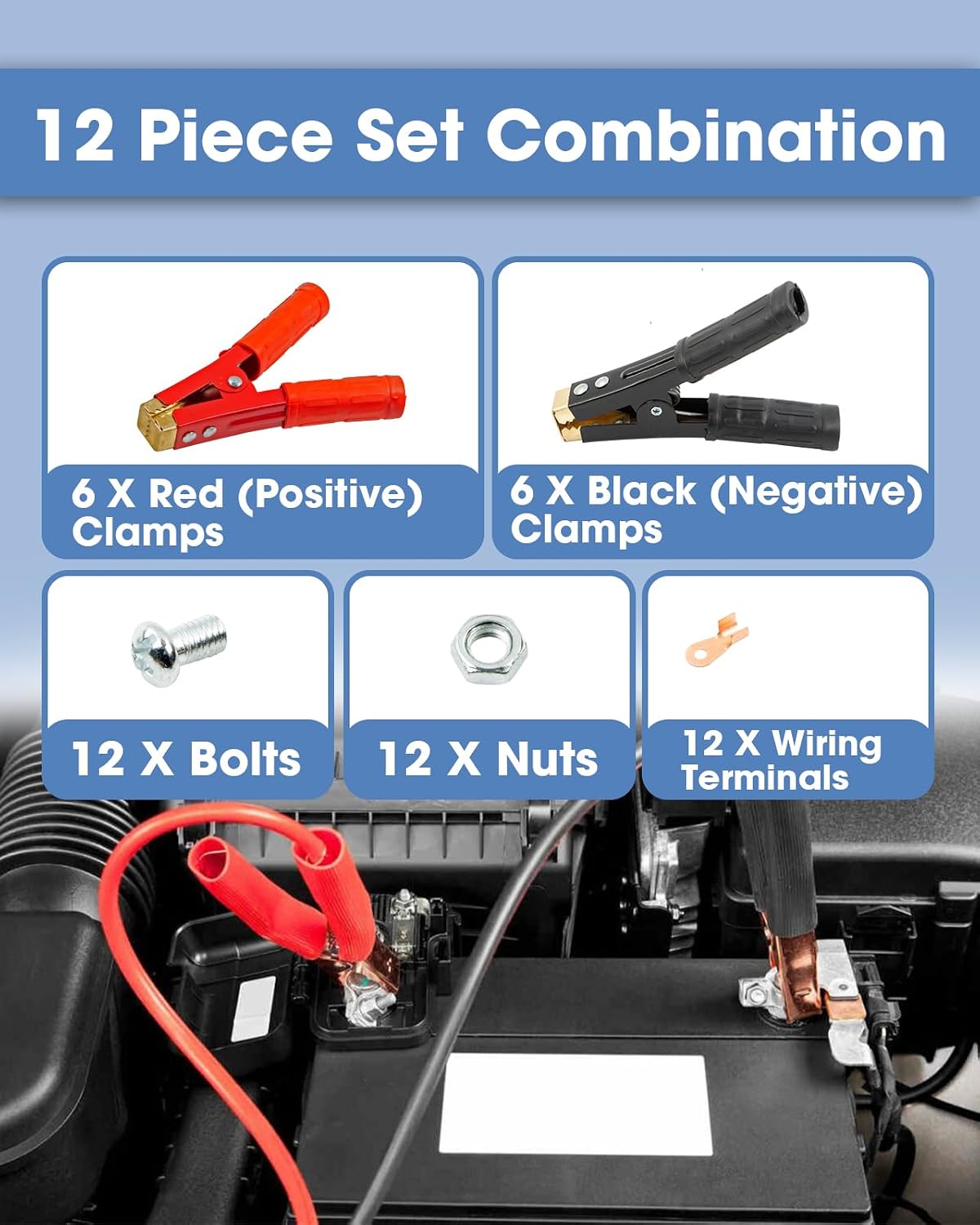 12 Pcs Red & Black Battery Jumper Cable Clips 500-1000A, Pure Copper