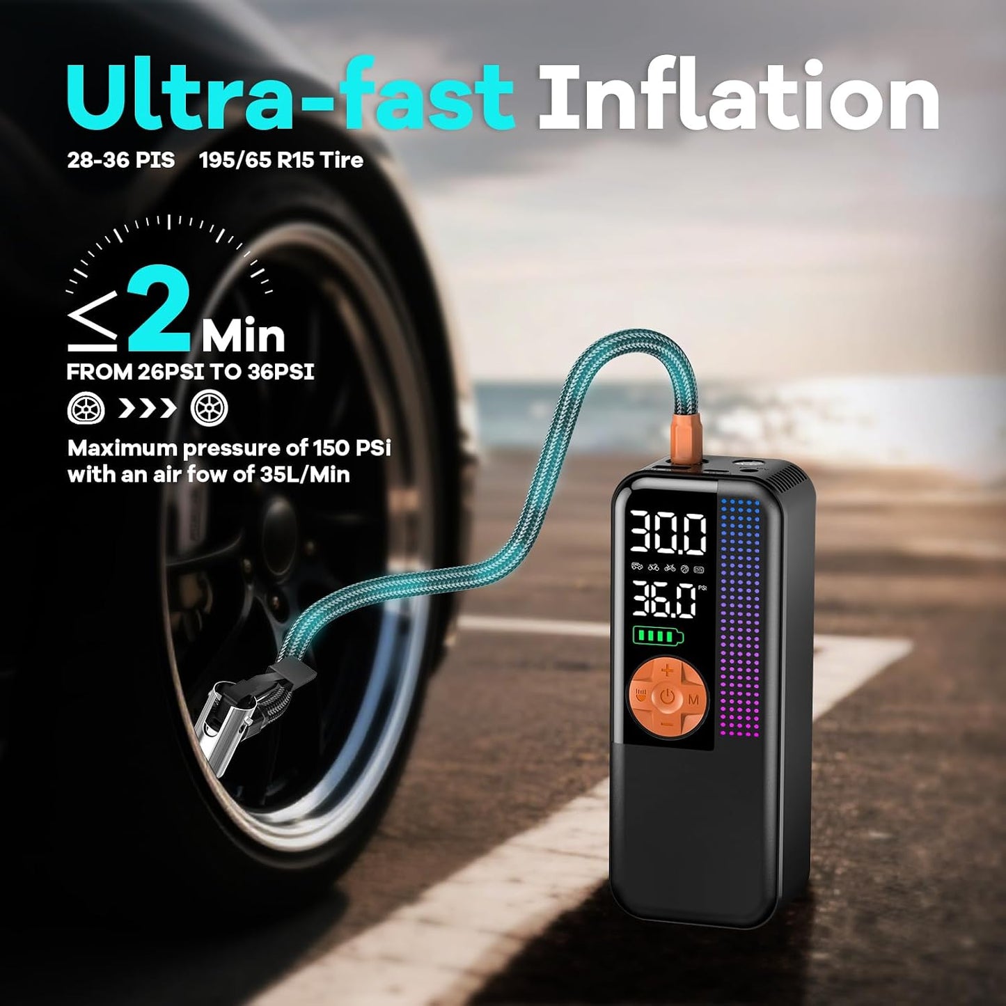 WEOLULI Tire Inflator Portable Air Compressor,150 PSI Cordless Air Pump, 12V DC Car Plug,Dual Power 10000mAh, Fast Inflation 24L/Min, 4 Preset Modes for Car, Bike, Motorcycle, Balls(Orange, 10000mAh)