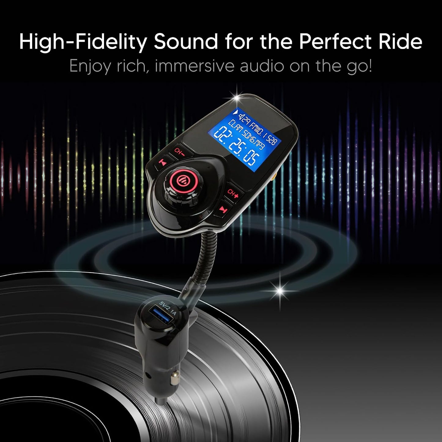 ONN FM Transmitter for Car - Bluetooth Car Adapter, Dual USB Fast Charging, Stable Bluetooth 5.0, 1.44" LCD Display, Hands-Free Calling, Flexible Gooseneck, AUX & MicroSD, 12V-24V, Black