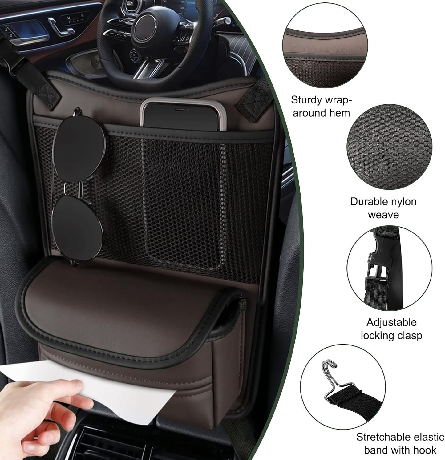Ohleats Car Organizer Storage Between Seats, Nappa Leather Auto Handbag Holder for Document Phone Storage, Large Capacity Automotive Console Pocket Purse, Car Accessories (Brown)
