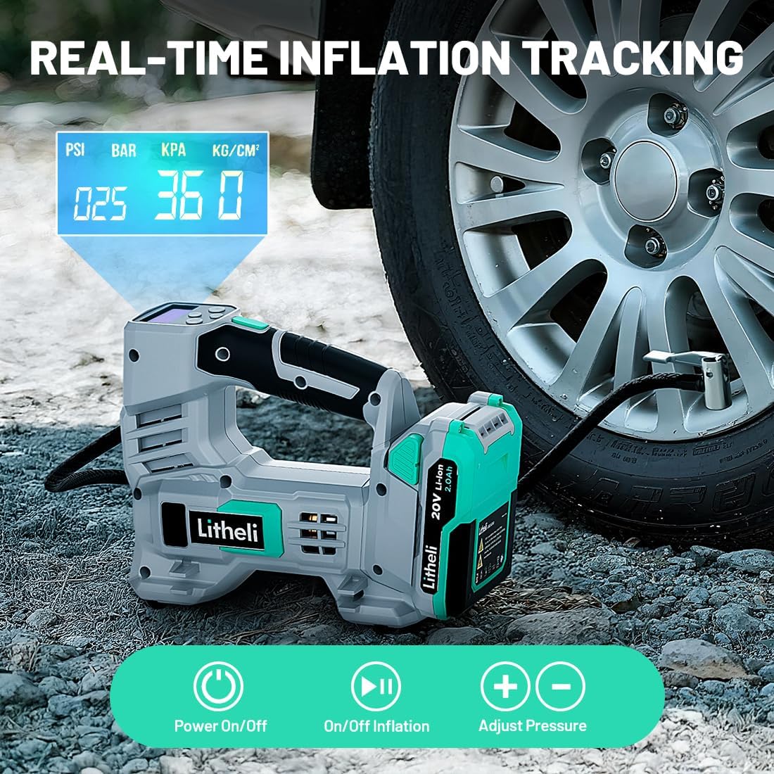 Litheli Tire Inflator Air Compressor, 20V Cordless Car Tire Pump with Digital Pressure Gauge 150PSI for Car Tire, Bike, Sport Ball, 2.0 Ah Battery & Charger