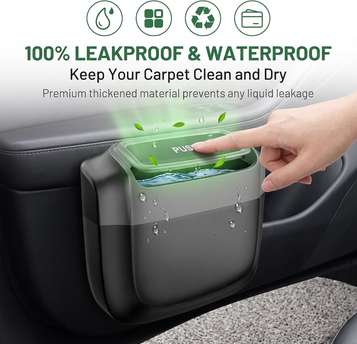 Car Trash Can with Lid, Waterproof Push to Open Garbage Bucket with 30 Trash Bags, Portable Large Capacity Door Side Storage Bin, Hanging Organizer for Most Car Home Office (Black)
