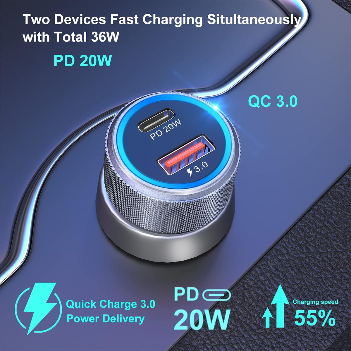 5 Pack USB C Car Charger, Bangfun 36W Dual USB Car Adapter Fast Charge PD&QC 3.0 Cigarette Lighter USB Charger Compatible iPhone 15 14 13 12 11 Pro Max SE,iPad,Samung S24/S21/S20, Pixel(Grey)