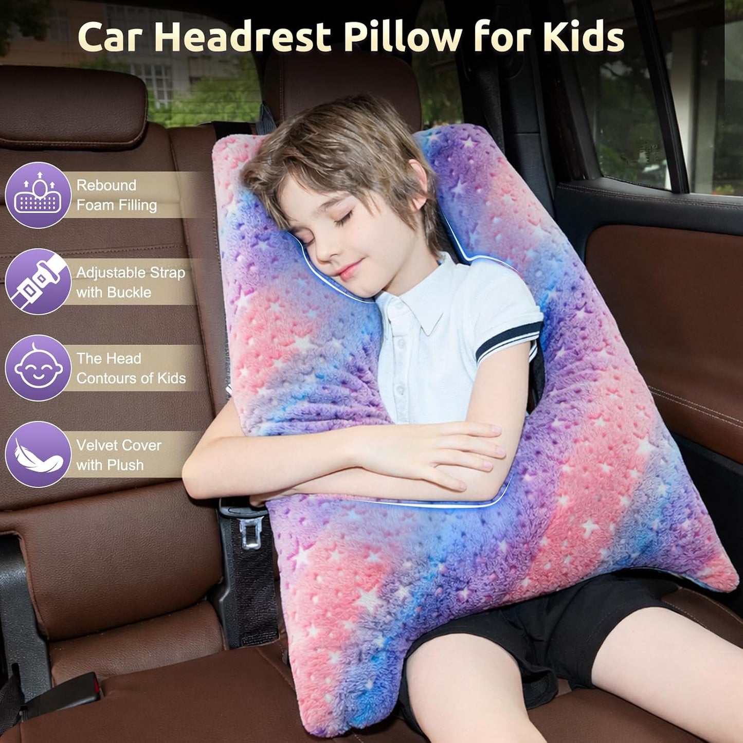 Car Pillow for Kids Travel Pillow with Adjustable Strap, Kids Floor Pillows Cushions for Adults and Children to Support Head and Body Road Trip Essentials(Multicolor)