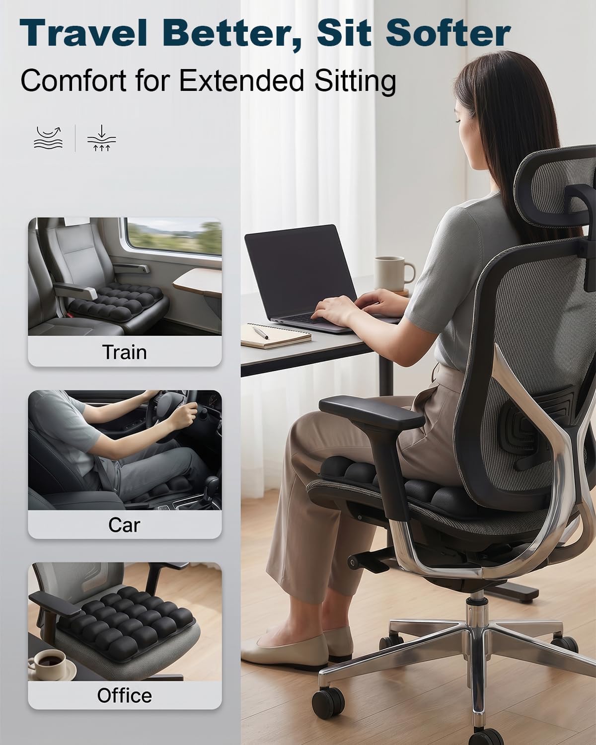 Inflatable Airplane Seat Cushion for Long Flights, 24-Cell Travel Cushion with Adjustable Firmness, Portable Waterproof Pressure Relief Seat Pad for Car, Train, Office, 16.9 x 16.9 in