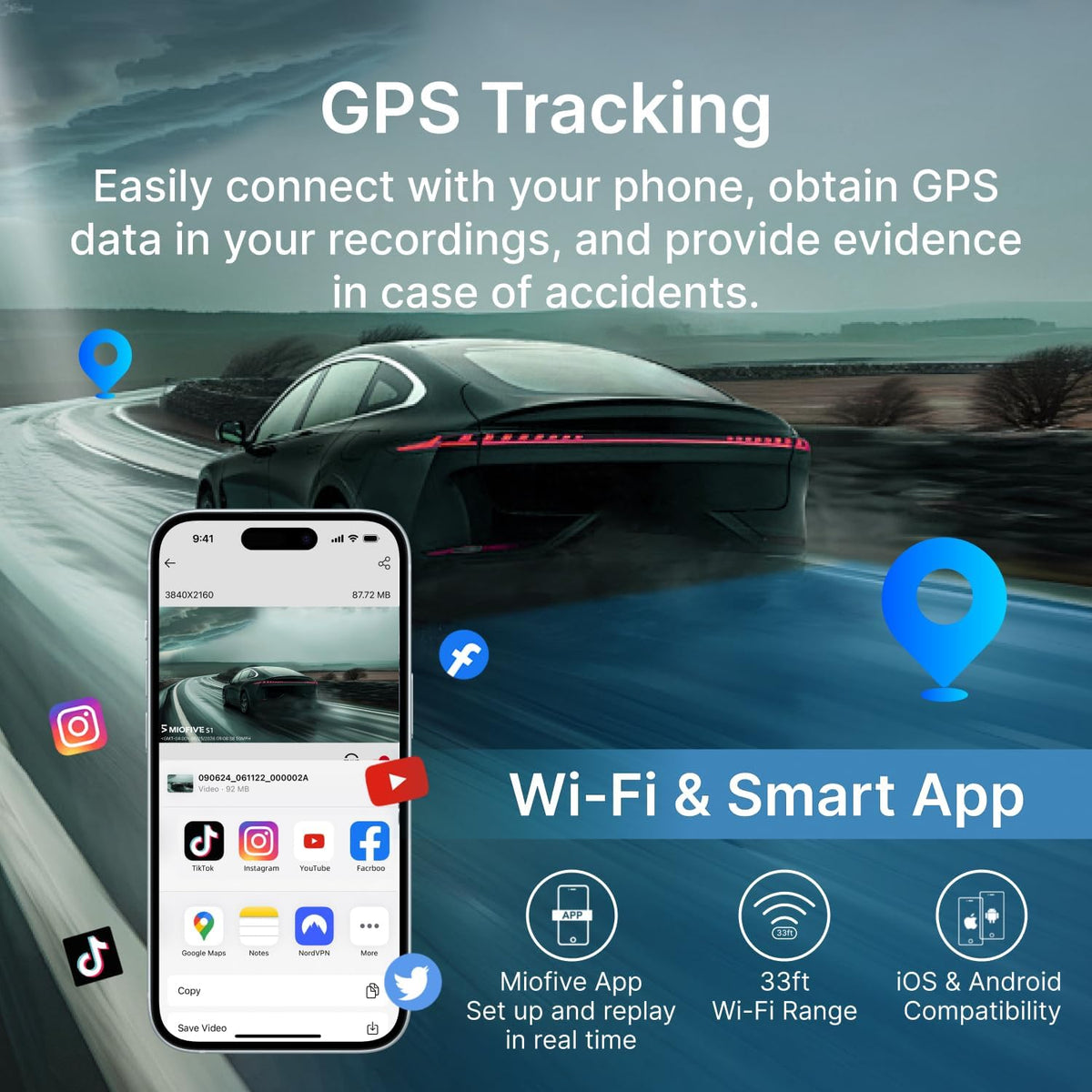 Dash Cam Front Rear, 4K Front + 4K Rear Full HD Dash Camera for Cars Built-in Wi-Fi Bluetooth GPS with 64GB SD Card, 3.0” IPS Screen with App Control, G-Sensor, HDR, Night Vision, 24H Parking Mode