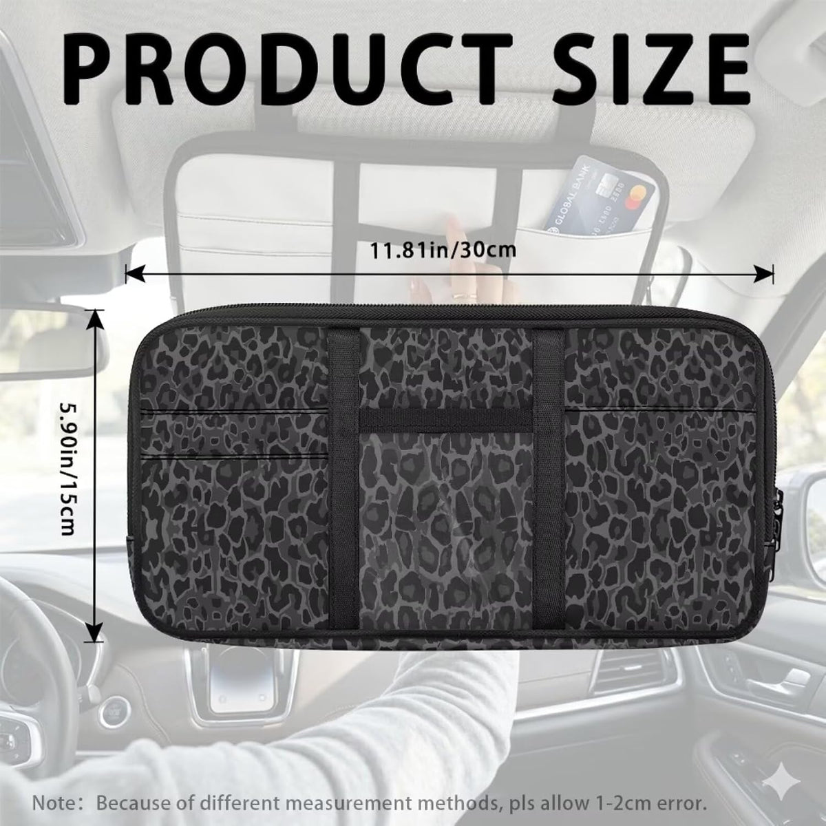 Jeiento Black Leopard Car Visor Organizers Accessories Black Cheetah Animal Skin Print Auto Sun Visor Multi-Pocket Storage Pouch Glasses Holder,Document, Card, Driver License Organizer Universal Fit