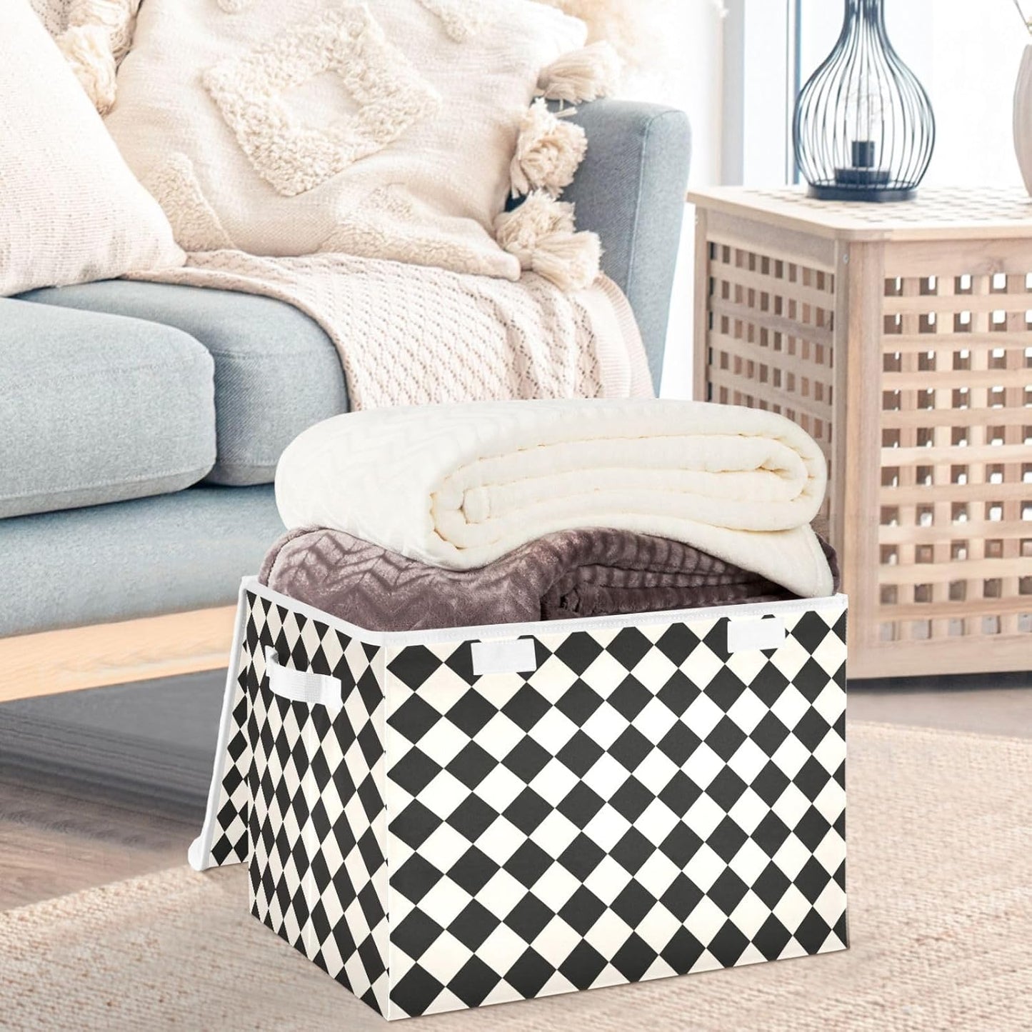 CaTaKu Large Fabric Storage Bins With Lids,Black and White Checkered Storage Boxes With Handles for Organizing Clothes, Collapsible Storage Cube Bins Baskets for Shelves
