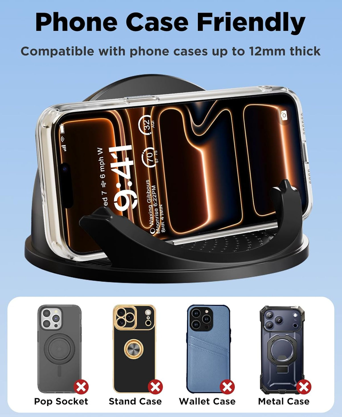 Beeasy 15W Qi Wireless Car Charger for Dashboard, Built‑in Cooling Fan, Nano Sticky Gel Non‑Slip Car Phone Holder, Wireless Car Charger Mount for iPhone Samsung Android Smartphones