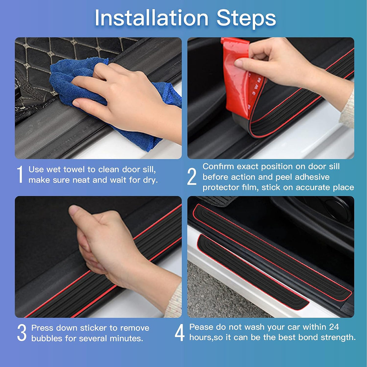 Door Sill Plate Protectors for Car - Universal Door Entry Guards Sill Scuff Cover Panel Step Protector, Welcome Pedal Protector Cover, No Pattern, Full Black Base, 4pcs/Set