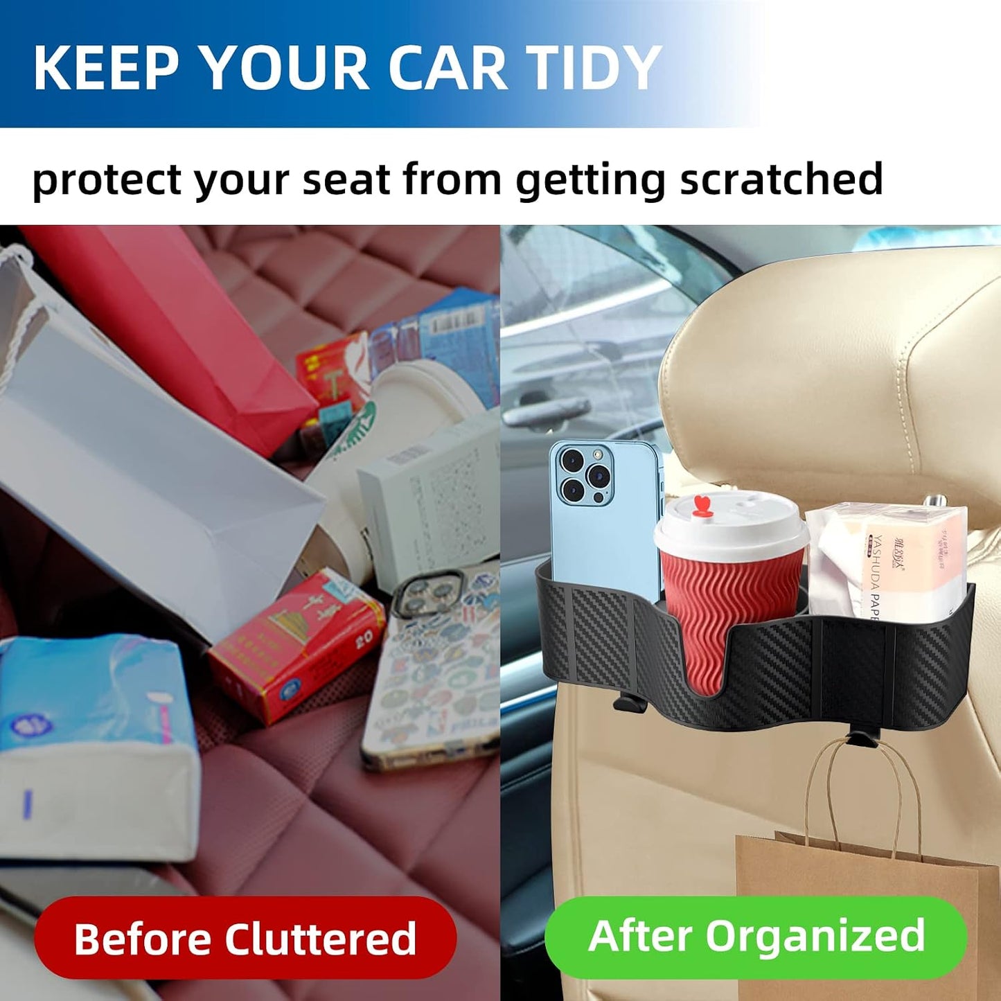 OUSHASAA 3-in-1 Car Headrest Organizer with 3.7" Cup Holder & Hooks-1PC | Backseat Cup Holder for Car, Multifunctional Car Travel Storage, Fits Most Cars & SUVs, Easy Installation