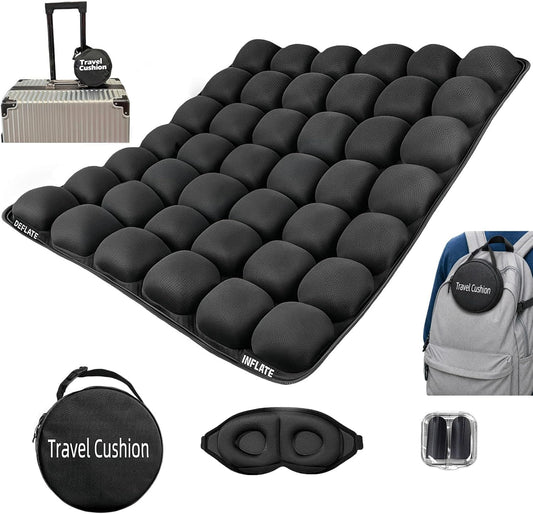 Soundur Travel Cushion Airplane Seat,Inflatable Air Bubble Design with Storage Bag for Car/Office/Kitchen Chairs.42 Air Cells, Adjustable Firmness, Non-Slip Bottom