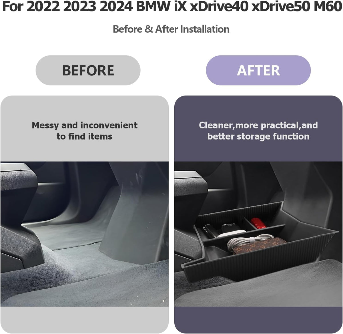 LUWU for 2024 2025 2026 BMW iX Center Console Organizer 2022-2026 BMW iX xDrive45 xDrive60 M70 Armrest Storage Box Lower Console Organizer Storage Tray iX i20 Armrest Console Organizer iX Accessories