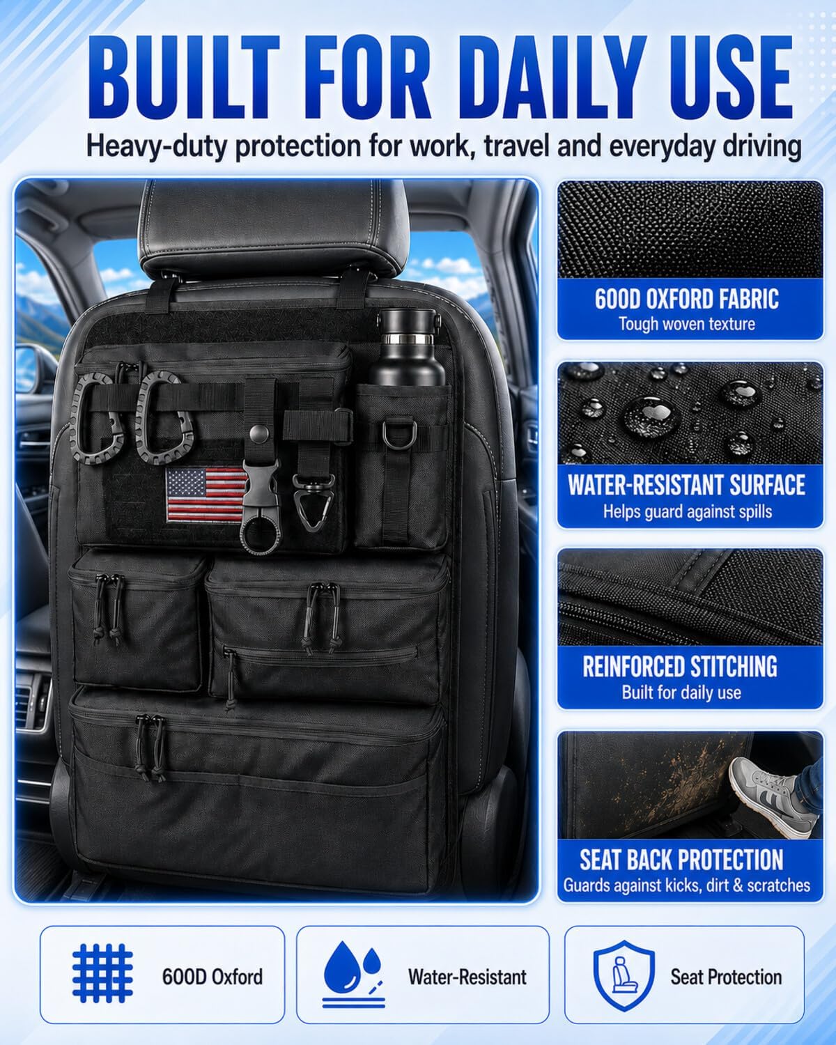 Tactical MOLLE Car Seat Back Organizer, Heavy Duty Backseat Storage Kit