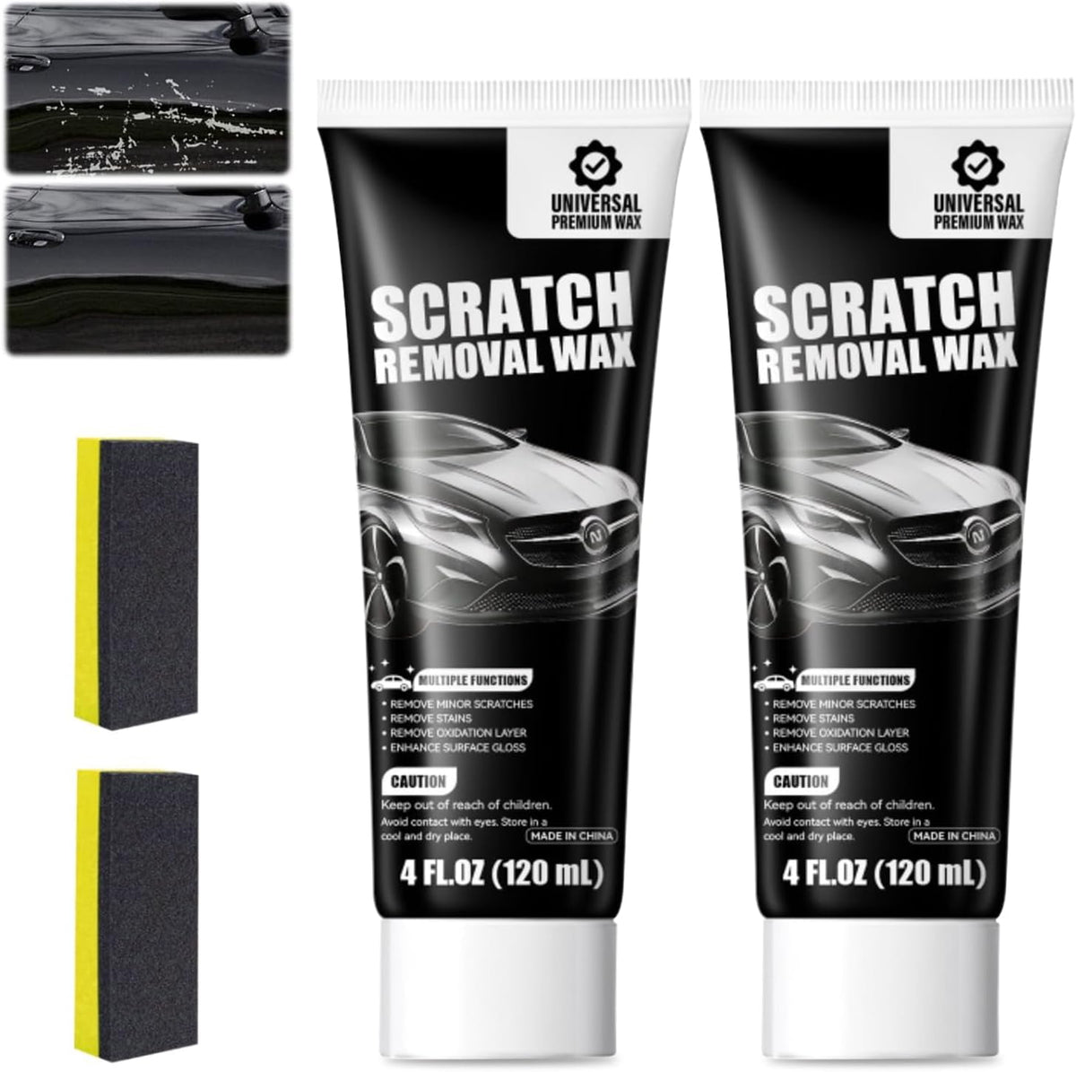 Car Scratch Remover 2-Pack, Premium Auto Paint Restorer Wax & Swirl Eraser Kit with Sponge & Microfiber Towel, Safe for Universal Colors, DIY Clear Coat Polishing Compound for Scuffs