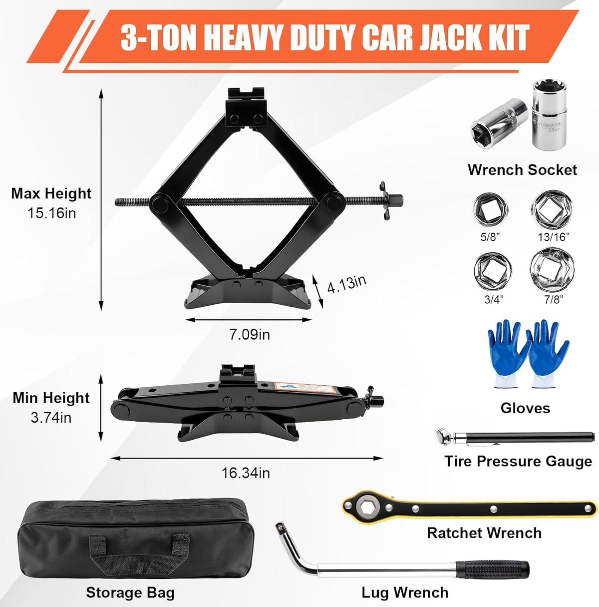 3 Ton (6610 Lbs) Car Jack, Universal Heavy Duty Scissor Jack, Professional Spare Tire Changing Kit with Lug Wrench, Portable Car Emergency Lift Jack Kit for Car, SUV, Sedan, Crossover